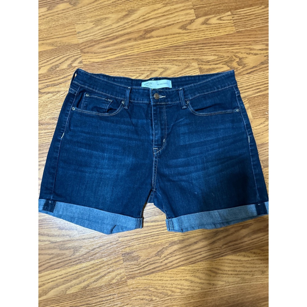 Signature by Levi Strauss Womens Mid Rise Denim Shorts Dark Wash Cuffed Size 12